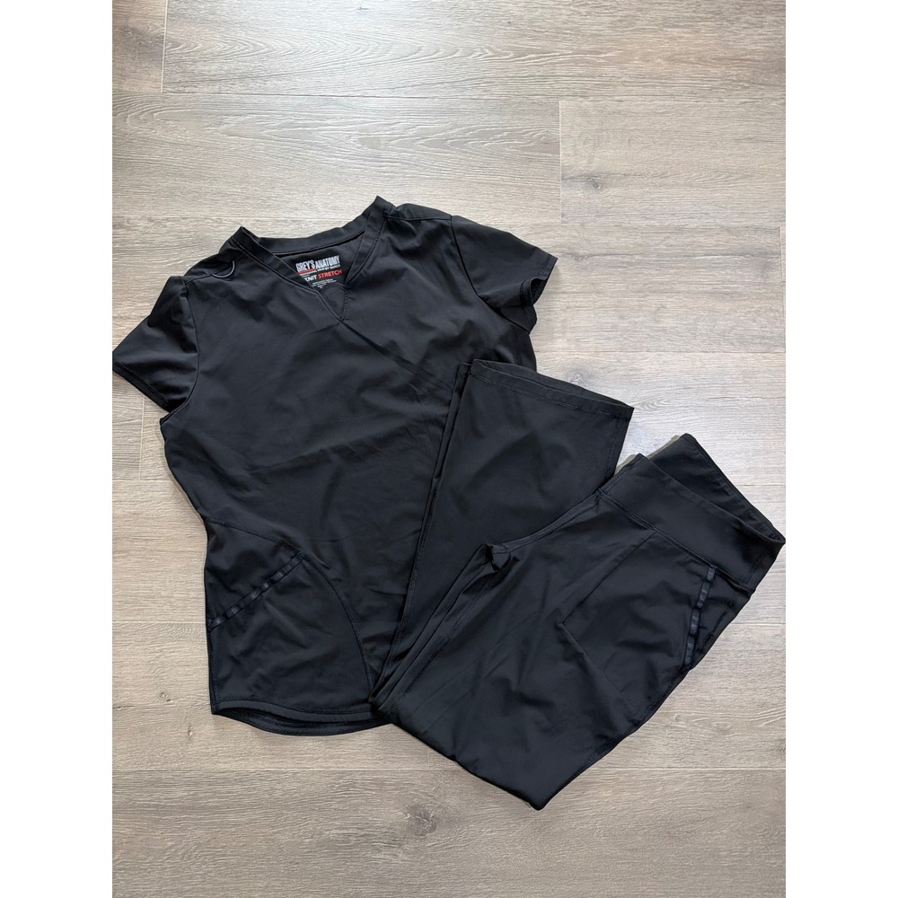 Greys Anatomy by Barco Knit Stretch Scrub Set Womens Large Black V-Neck